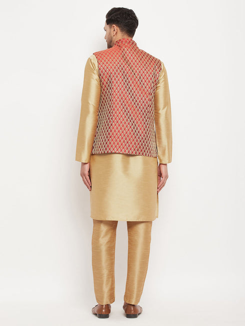 Vastramay Men's Rose Gold Silk Blend Kurta And Pant Style Pyjama With Maroon Woven Nehru Jacket